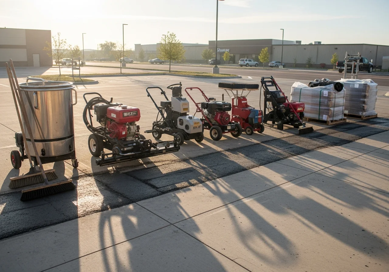 Pavement maintenance crew with equipment and tools ready for sealcoating and asphalt repair work on a commercial parking lot.