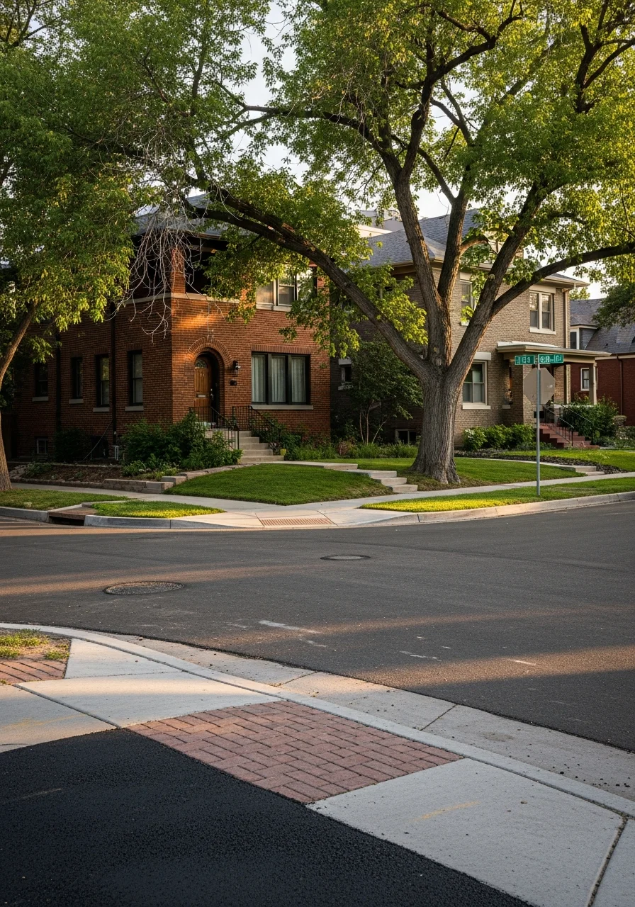 Denver residential street showing diverse architectural styles and urban tree canopy.