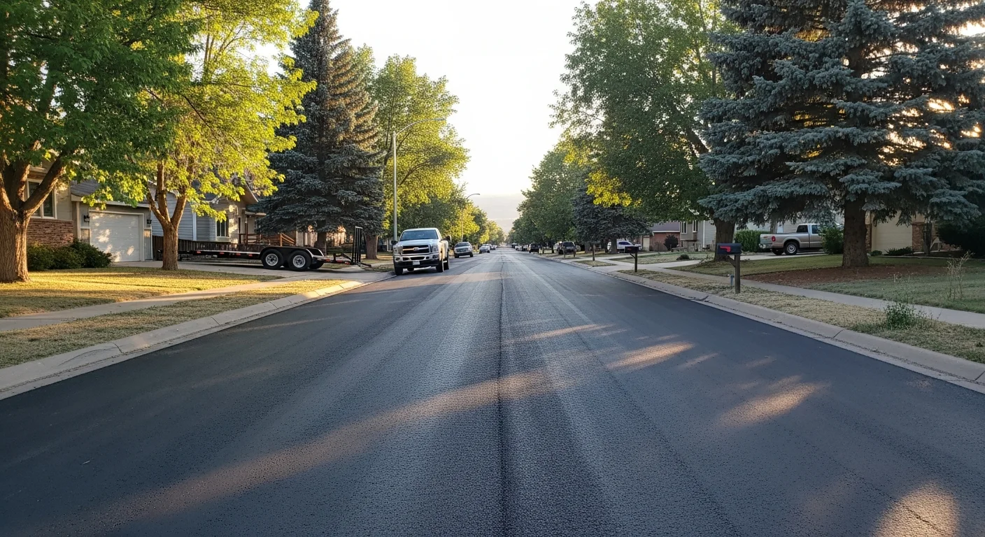 Residential street in Fort Collins with mature trees and a mix of single-family homes and newer construction.