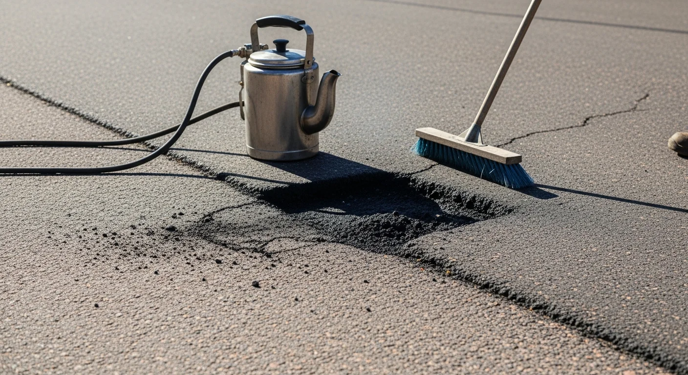 A freshly patched asphalt parking lot in Fort Collins, Colorado, showing smooth, dark repair sections blended into the surrounding pavement surface. Close-up view highlights clean edges on a completed pothole patch with no loose material or standing water.
