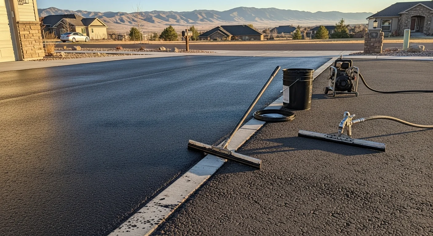 A freshly sealcoated residential asphalt driveway in Fort Collins, Colorado, showing a uniform dark surface with clean edges against a dry Northern Colorado landscape. The pavement surface is smooth and free of visible cracks or fading.
