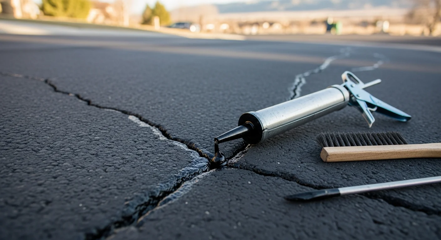 A Fort Collins asphalt driveway with freshly filled cracks showing dark, flush sealant lines across the pavement surface. The repaired surface sits in a residential setting under Colorado's clear sky.