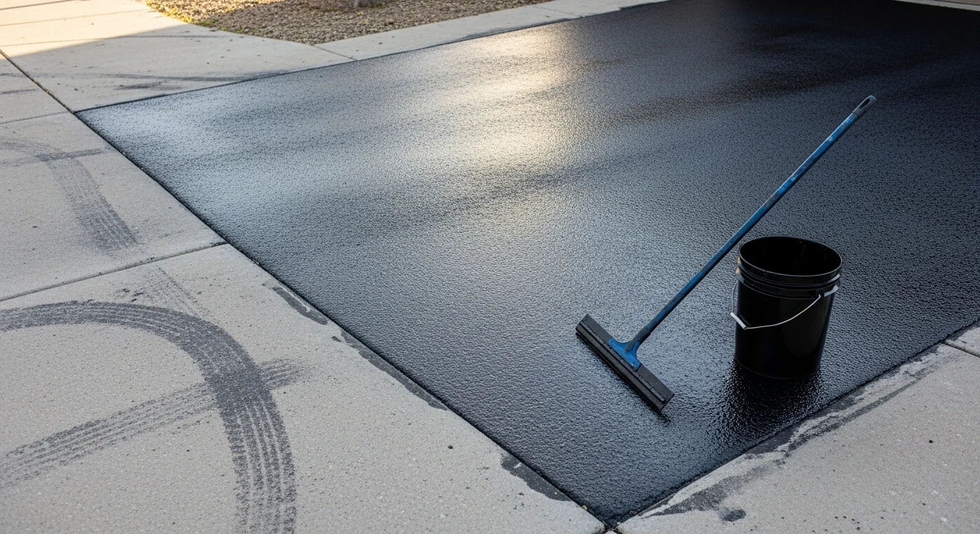A freshly sealcoated residential asphalt driveway in Fort Collins, Colorado, showing a uniform dark finish with clean edges along the garage apron. The surrounding landscape reflects a typical Northern Colorado neighborhood setting with a clear blue sky overhead.
