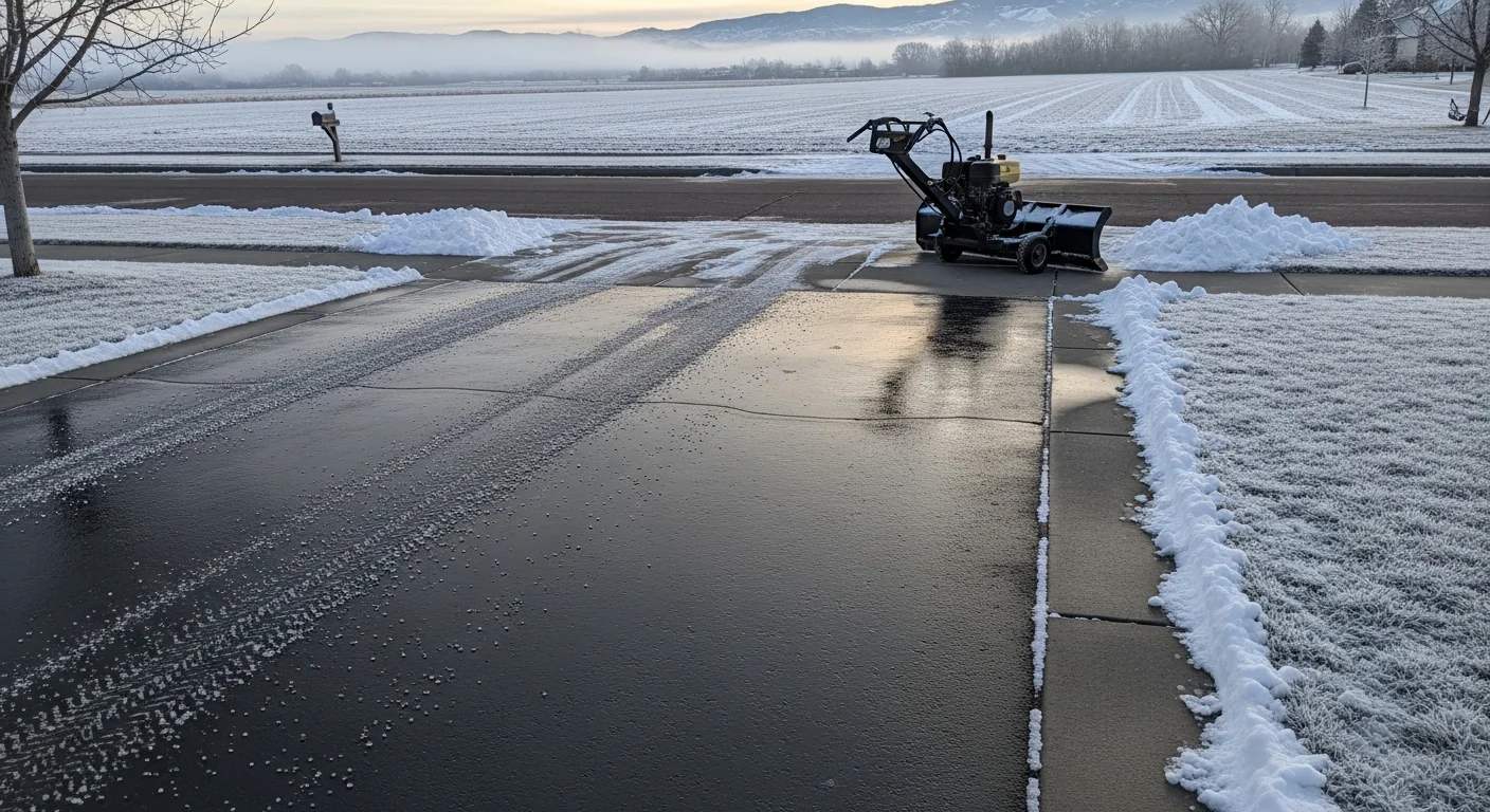 A residential driveway in Fort Collins, Colorado cleared to bare pavement after a winter snowstorm, with snow pushed to the sides and the sidewalk crossing at the street also cleared. Halfey Pavement Maintenance LLC equipment visible at the edge of the driveway.
