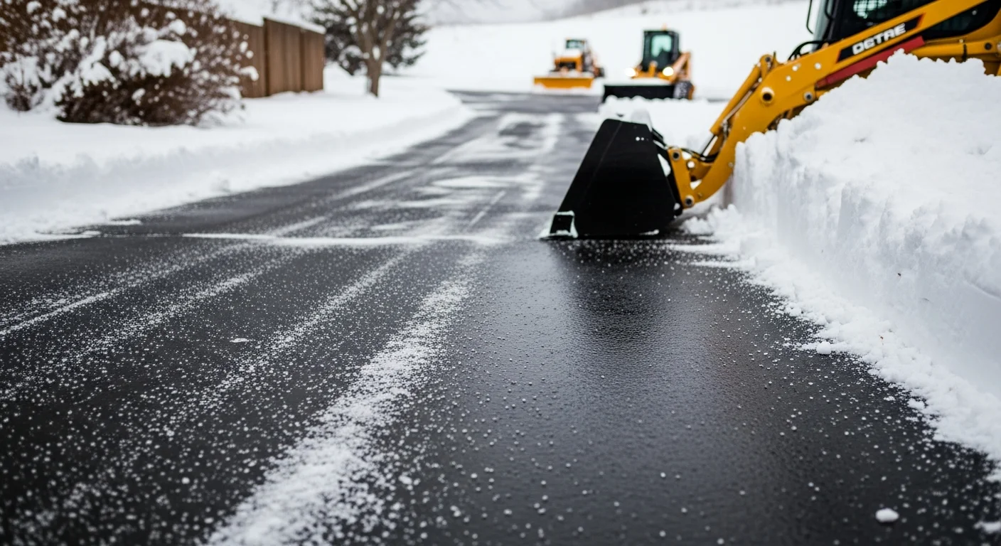A cleared residential driveway and adjacent sidewalk in Fort Collins, Colorado after a heavy snowfall, with snow relocated to the yard and the pavement fully exposed. A commercial plow truck from Halfey Pavement Maintenance LLC is visible at the edge of the property.