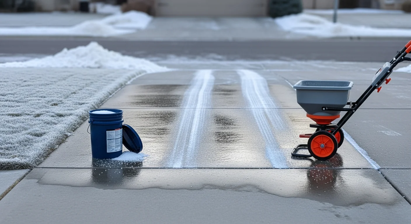 A cleared and treated residential driveway in Fort Collins, Colorado, with surrounding pavement free of ice after a winter freeze-thaw event. A Halfey Pavement Maintenance LLC crew works on an adjacent sidewalk section showing visible ice removal progress.