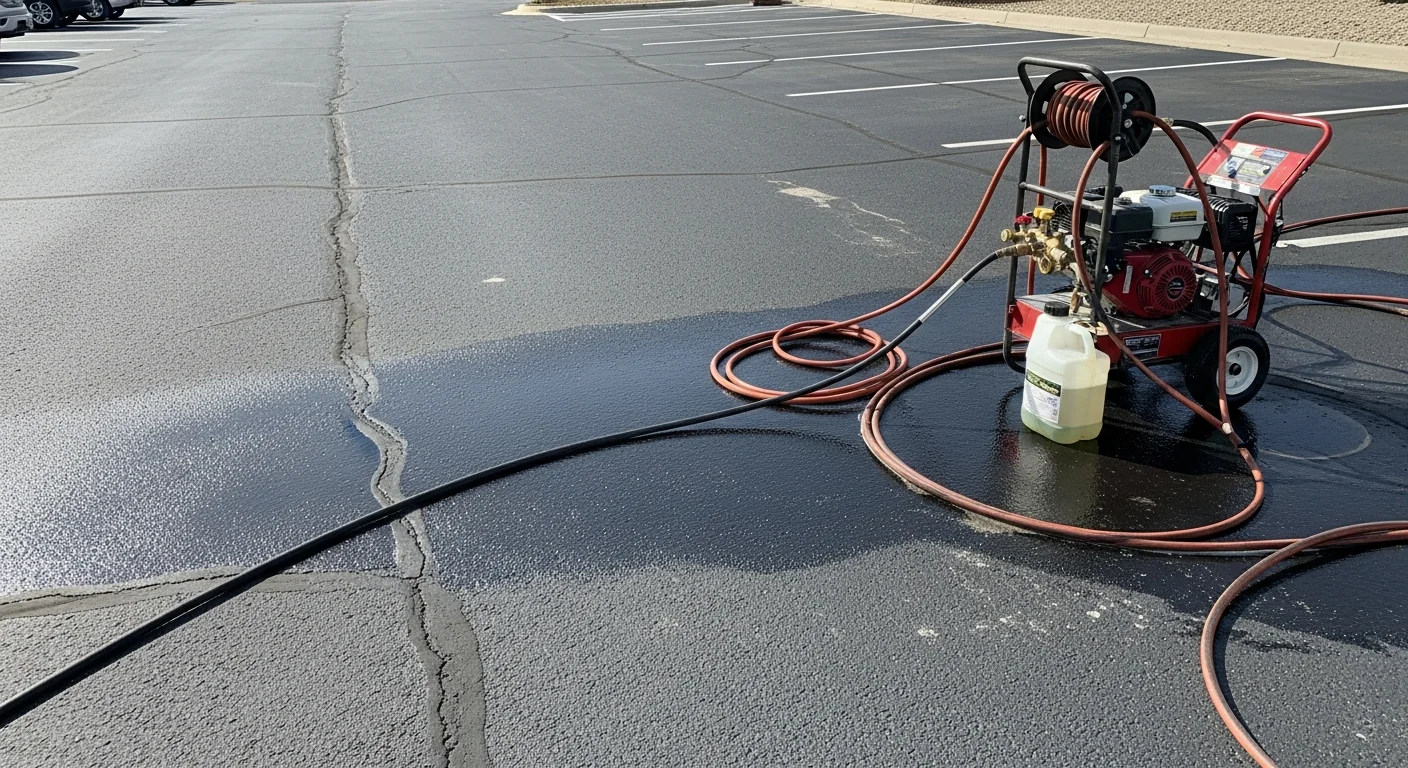 A Fort Collins commercial parking lot surface showing a treated asphalt area where dark oil staining has been removed, leaving a clean, uniform pavement surface. A pressure washing setup is visible at the edge of the treated zone.
