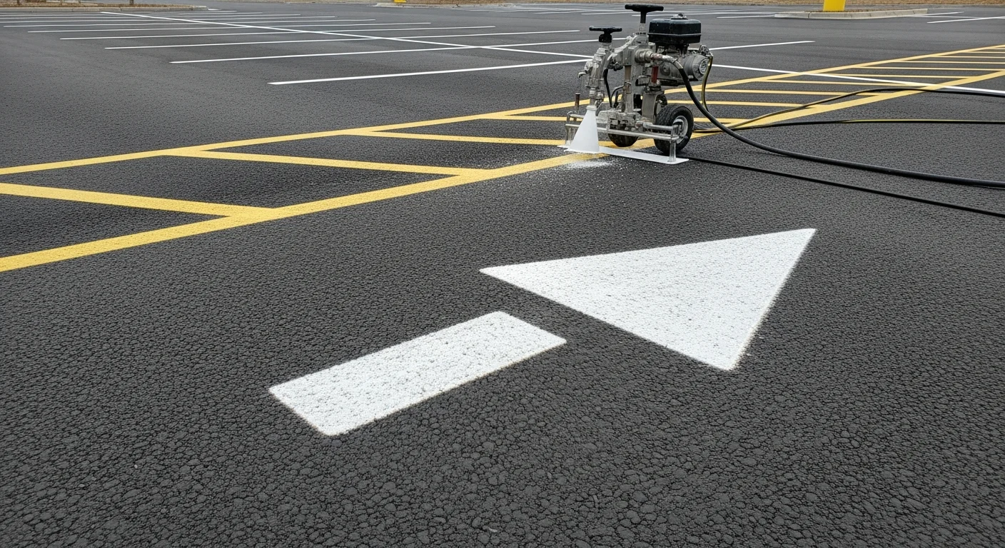 Freshly painted white parking stall lines and blue ADA-accessible space markings on a commercial asphalt lot in Fort Collins, Colorado. Crisp directional arrows and a clearly marked fire lane are visible across the newly striped surface.