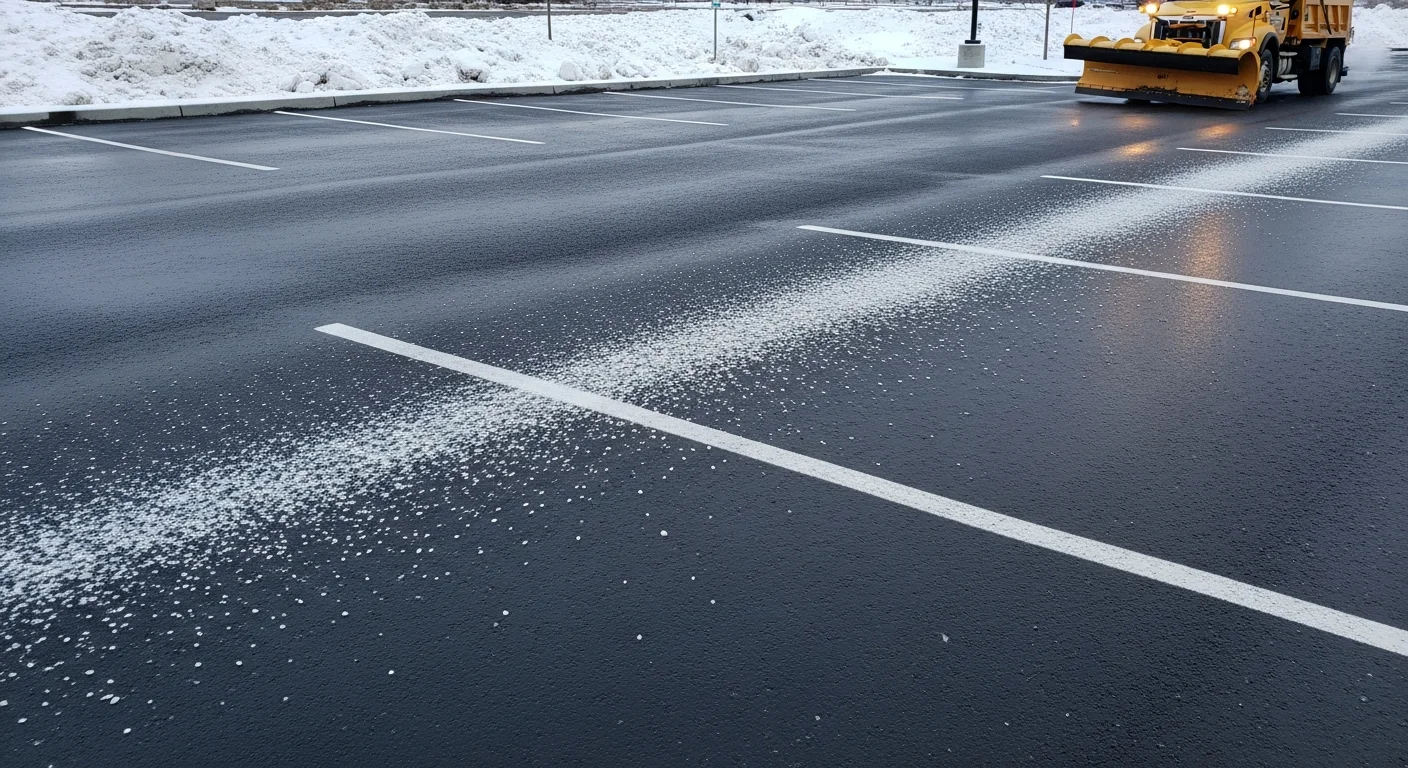A commercial parking lot in Fort Collins, Colorado with freshly plowed drive lanes and cleared stall rows after a winter snowstorm. Snow is stacked along the perimeter edges, leaving the full lot surface open and accessible.
