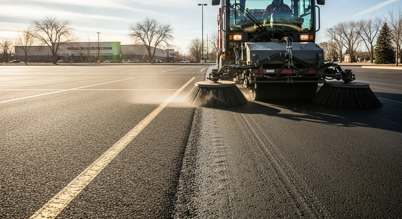 A commercial parking lot in Fort Collins, Colorado after professional sweeping, showing clean asphalt stalls and clear curb lines free of sand, gravel, and debris. A mechanical sweeper works along the lot edge near a multi-unit commercial building on a clear Northern Colorado day.