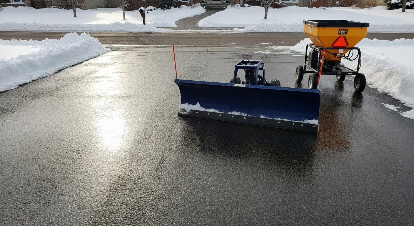 A cleared residential driveway and adjacent sidewalk in Fort Collins, Colorado after a winter snowstorm, with snow pushed to the edges of the pavement by a plow. A commercial parking lot in the background shows plowed rows with snow stacked along the lot perimeter.