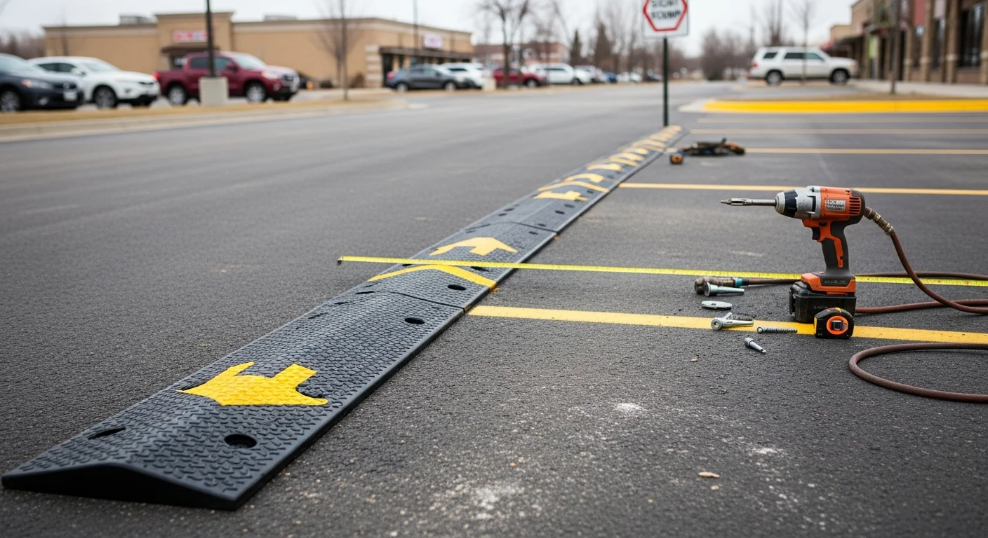 Freshly installed asphalt speed bump with bright yellow painted markings in a Fort Collins commercial parking lot. The bump runs the full width of a drive lane near a pedestrian walkway, with clear sight lines on both sides.