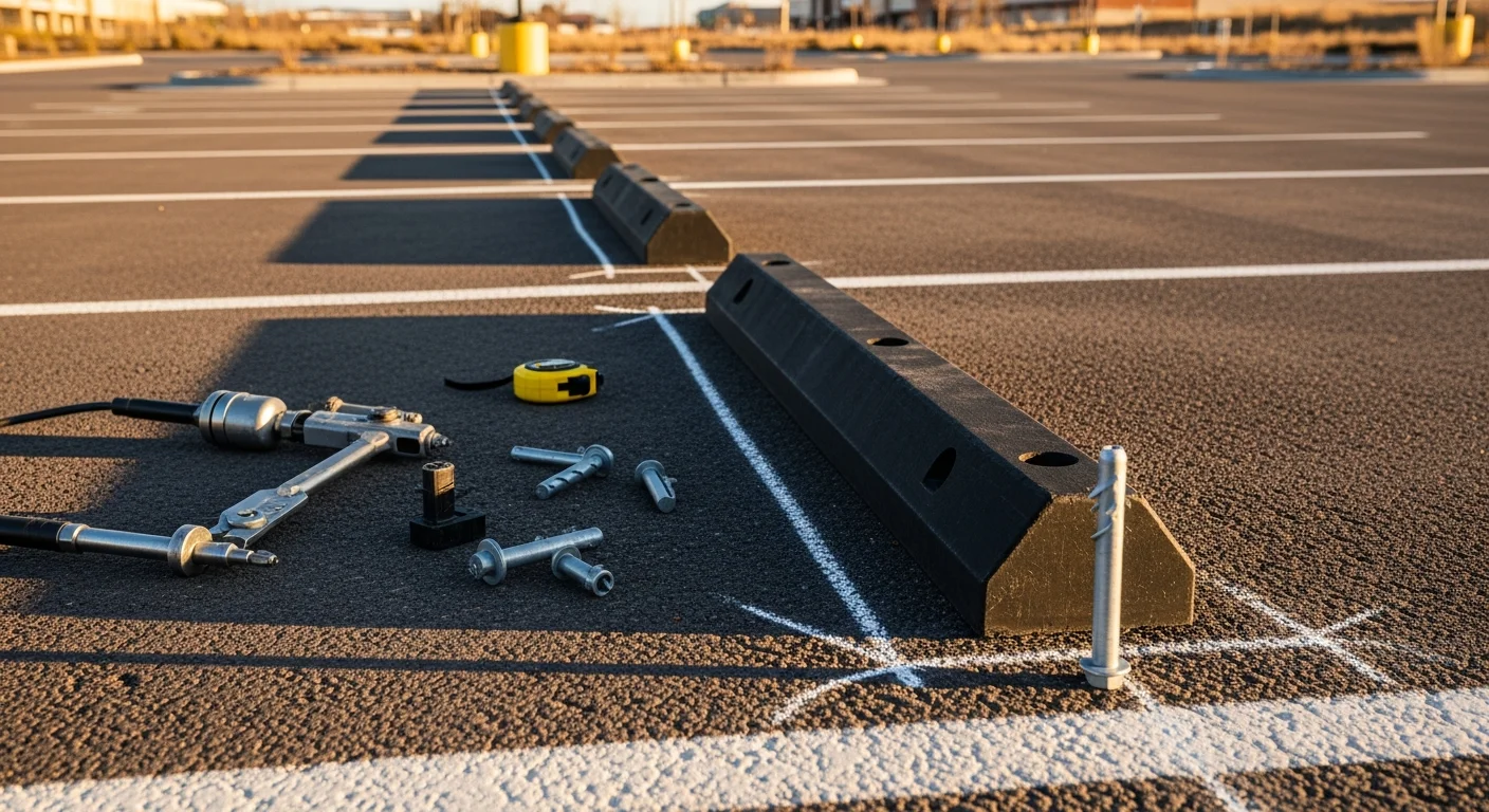 Freshly installed concrete wheel stops anchored in a commercial parking lot in Fort Collins, Colorado, with painted stall lines visible on asphalt. Each stop is evenly spaced and flush against the pavement at the head of individual parking spaces.